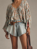 Floral Tie-Up Flare Sleeve Boho Blouse