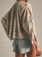 Floral Tie-Up Flare Sleeve Boho Blouse