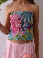 Flower Print Strapless Backless Tube Crop Top