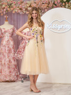 Flower Tulle Tea Length Prom Dresses