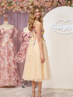 Flower Tulle Tea Length Prom Dresses