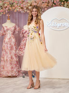 Flower Tulle Tea Length Prom Dresses