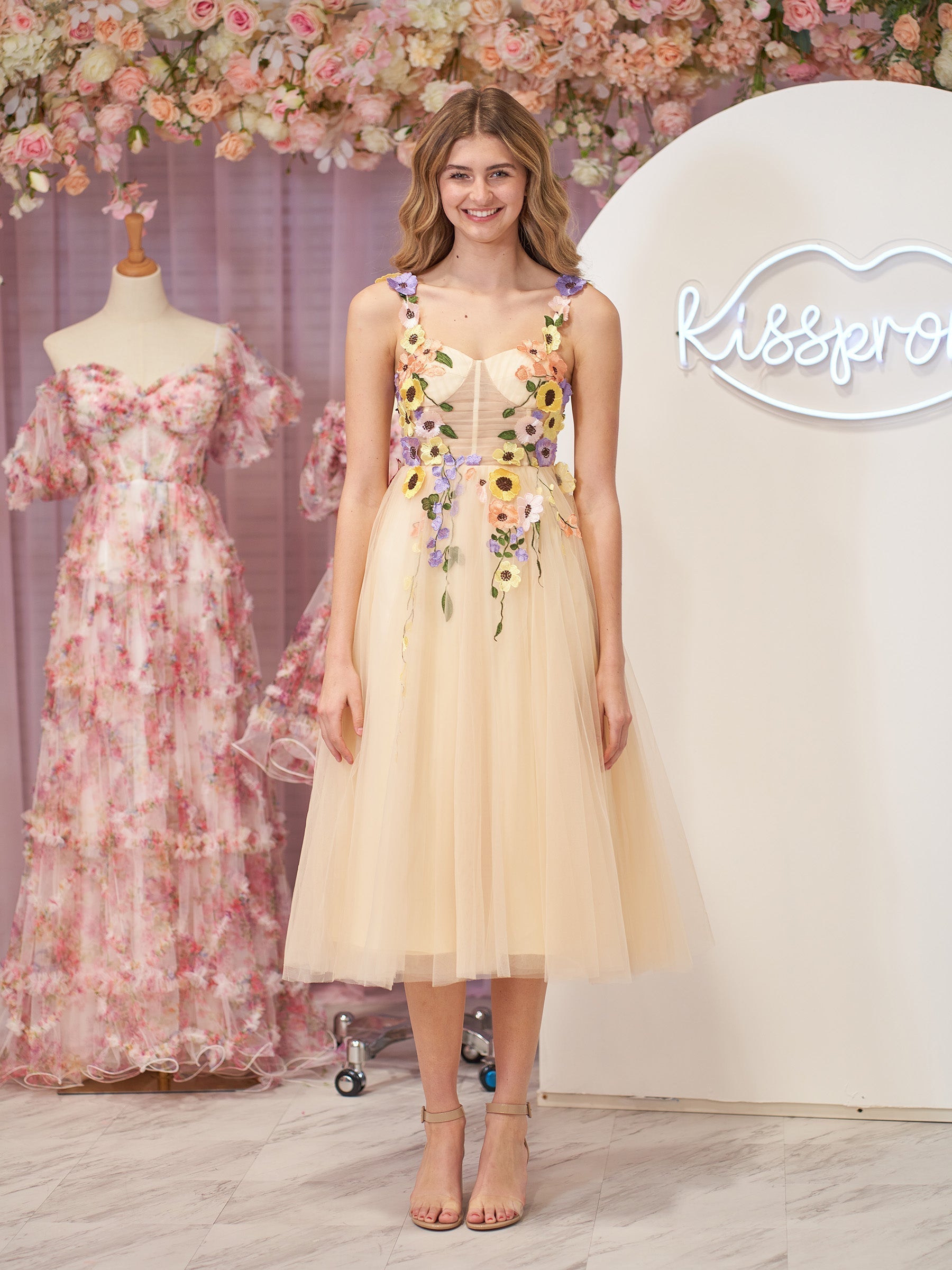 Flower Tulle Tea Length Prom Dresses