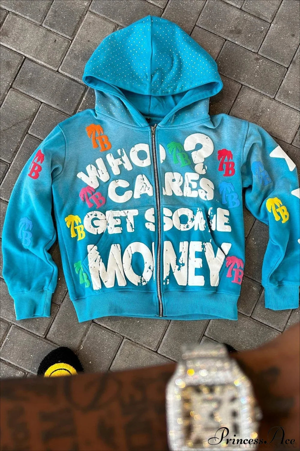 Foam Letter Print Hip-Hop Zip Hoodie