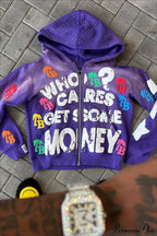 Foam Letter Print Hip-Hop Zip Hoodie