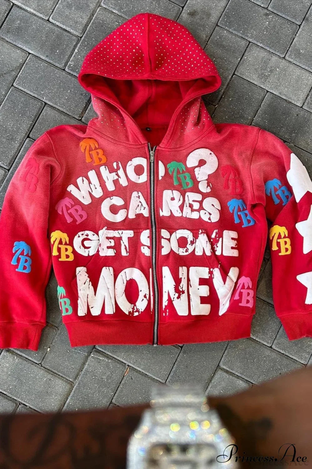 Foam Letter Print Hip-Hop Zip Hoodie