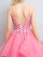 Vestidos de fiesta de corte A, estilo princesa, formales, largos hasta el suelo, sin mangas, cuello en V, tul, espalda descubierta, con pliegues y apliques