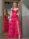 A-Linien-Abendkleid mit schulterfreiem Korsett und Spitzenrüschen