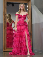 A-Linien-Abendkleid mit schulterfreiem Korsett und Spitzenrüschen