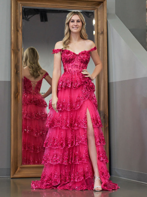 A-Linien-Abendkleid mit schulterfreiem Korsett und Spitzenrüschen