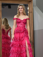 A-Linien-Abendkleid mit schulterfreiem Korsett und Spitzenrüschen