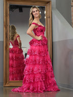 A-Linien-Abendkleid mit schulterfreiem Korsett und Spitzenrüschen