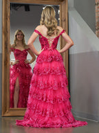 A-Linien-Abendkleid mit schulterfreiem Korsett und Spitzenrüschen