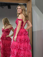 A-Linien-Abendkleid mit schulterfreiem Korsett und Spitzenrüschen