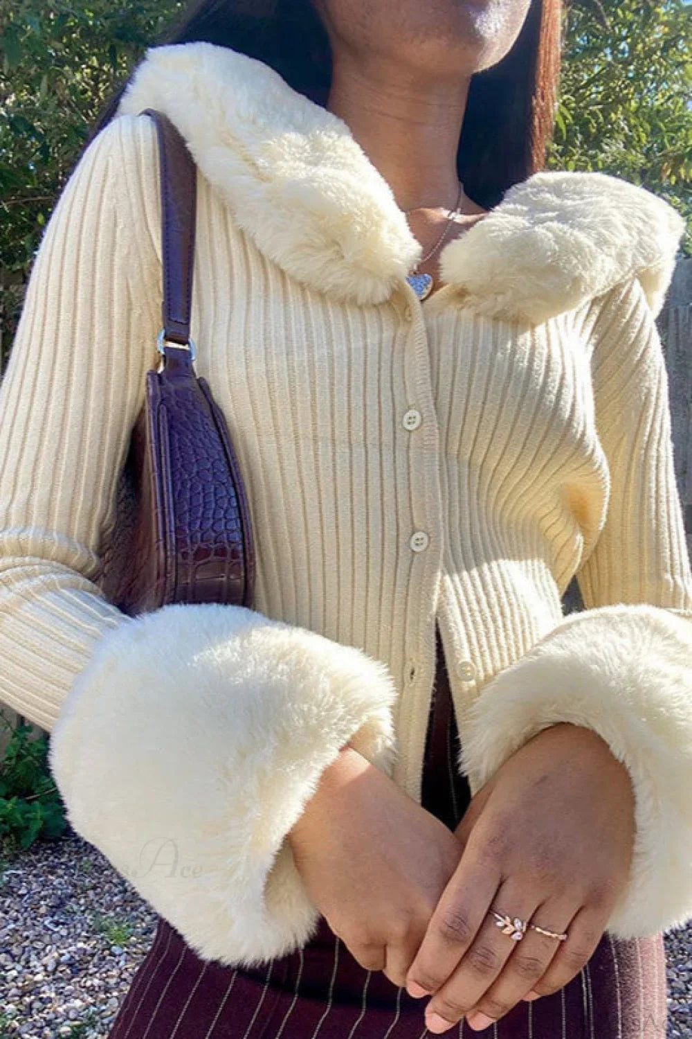 Fuzzy Collar Knit Long Sleeve Cardigan