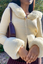 Fuzzy Collar Knit Long Sleeve Cardigan