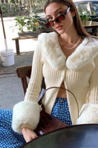 Fuzzy Collar Knit Long Sleeve Cardigan