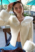 Fuzzy Collar Knit Long Sleeve Cardigan