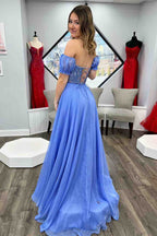 Schulterfreies, A-Linien-Abendkleid aus Chiffon mit Applikationen und Schnürung 