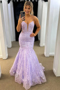 Glittler Lilac Mermaid Spaghetti Straps Long Corset Prom Dress