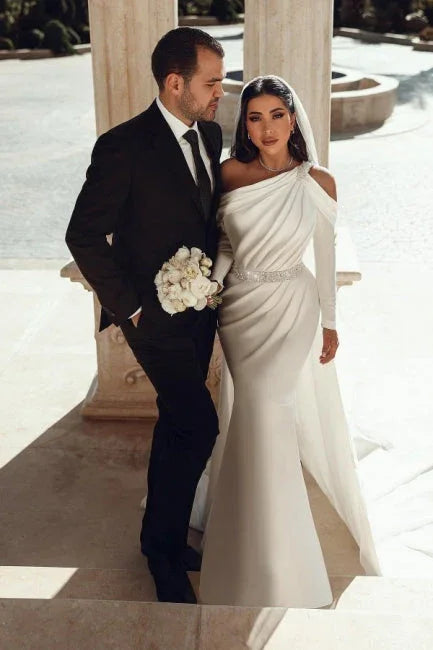 Glamorous one shoulder long sleeves mermaid satin Wedding dress with ruffles