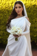 Glamorous one shoulder long sleeves mermaid satin Wedding dress with ruffles