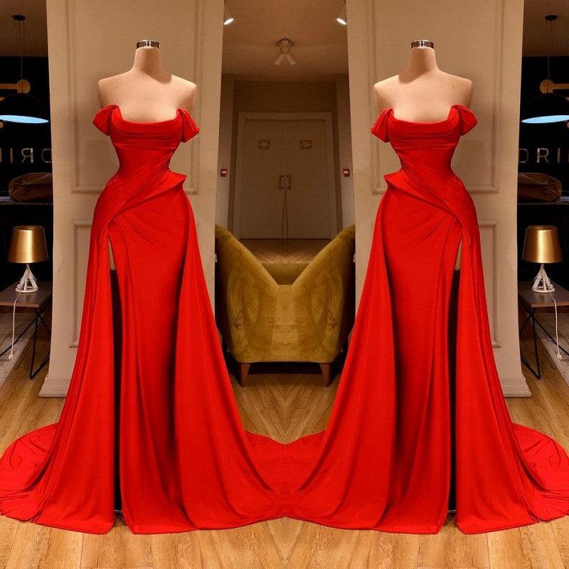 Glamoroso vestido de fiesta largo rojo con abertura y hombros descubiertos en oferta