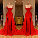 Glamoroso vestido de fiesta largo rojo con abertura y hombros descubiertos en oferta
