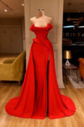 Glamoroso vestido de fiesta largo rojo con abertura y hombros descubiertos en oferta