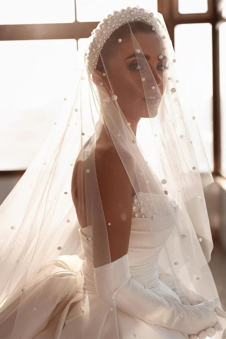 Glamorous White A-line Beading Satin Wedding Dress With Train