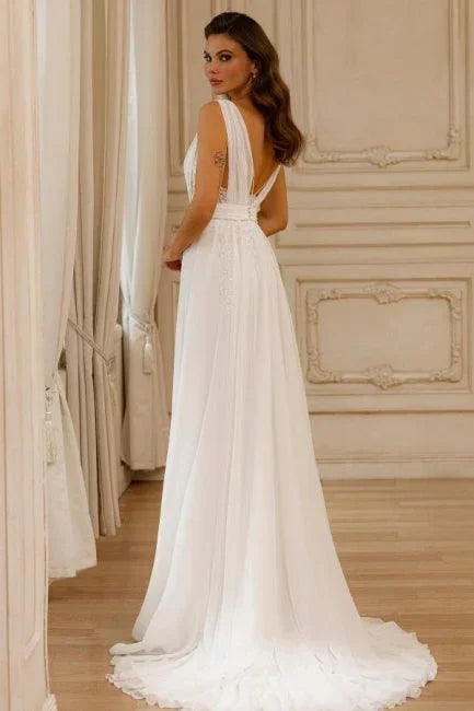 Gorgeous A-Line Chiffon Lace V-Neck Sleeveless Wedding Dresses With Openback