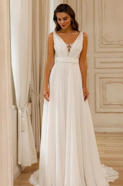 Gorgeous A-Line Chiffon Lace V-Neck Sleeveless Wedding Dresses With Openback