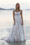 Gorgeous A-Line Lace Scoop Sleeveless  Wedding Dresses With Appliques Train