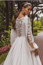 Gorgeous A-Line Satin Long Sleeve Wedding Dress With Appliques