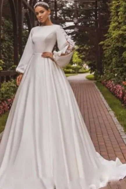Gorgeous A-Line Satin Long Sleeve Wedding Dress With Appliques