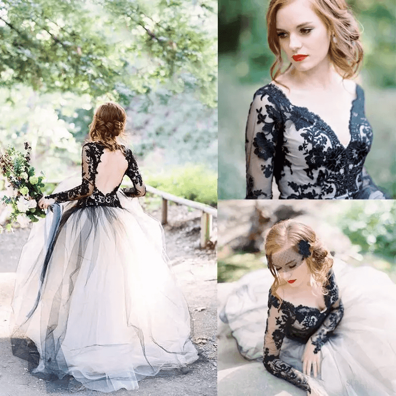 Gorgeous A-line V neck Long Sleeve Black Lace Wedding Dress Bridal Gown