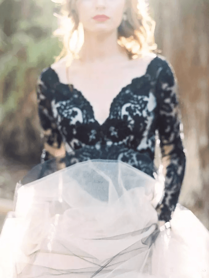 Gorgeous A-line V neck Long Sleeve Black Lace Wedding Dress Bridal Gown