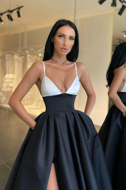 Gorgeous Black and White Prom Dress Long Split Spaghetti-Straps