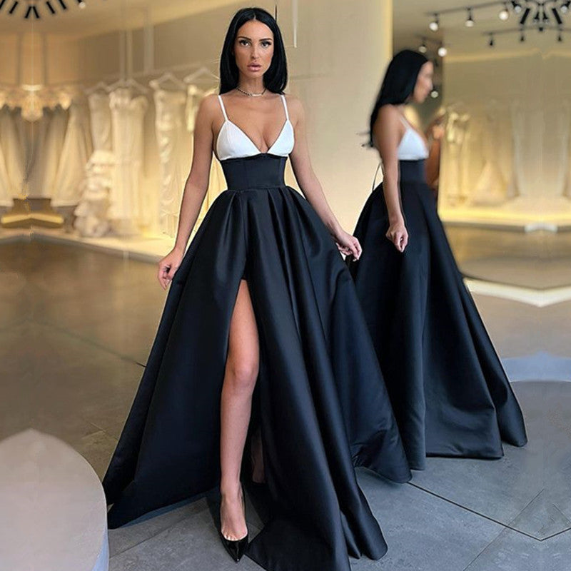 Gorgeous Black and White Prom Dress Long Split Spaghetti-Straps