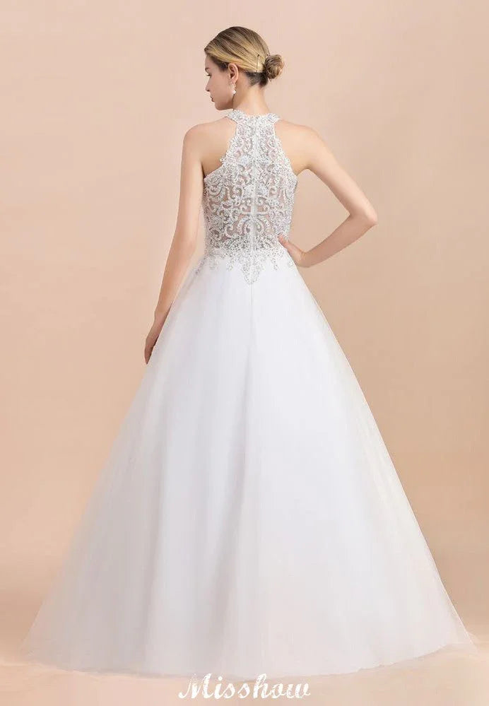 Wunderschönes Neckholder-Hochzeitskleid mit Strasssteinen, A-Linien-Brautkleid aus Tüll mit Spitzenapplikationen