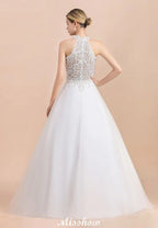 Wunderschönes Neckholder-Hochzeitskleid mit Strasssteinen, A-Linien-Brautkleid aus Tüll mit Spitzenapplikationen