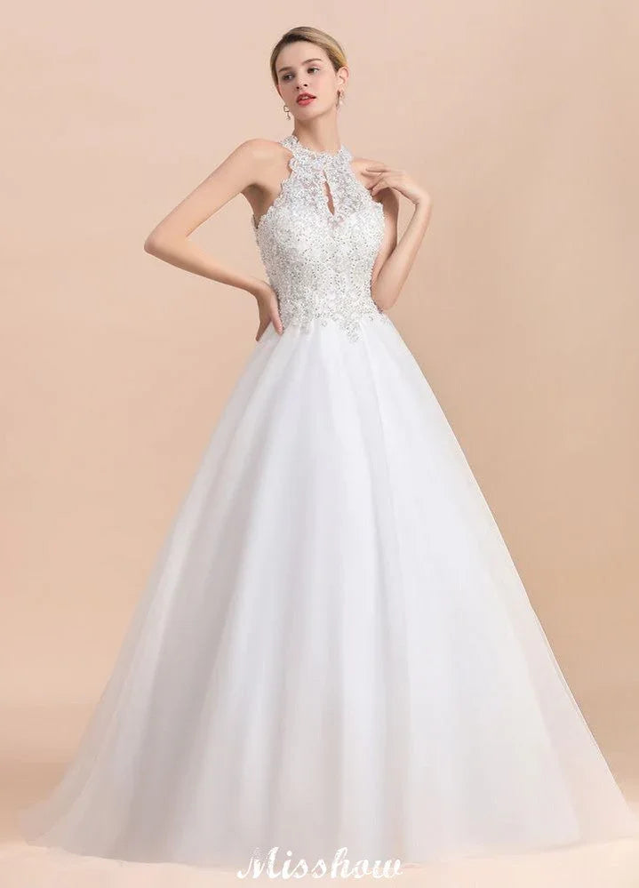 Wunderschönes Neckholder-Hochzeitskleid mit Strasssteinen, A-Linien-Brautkleid aus Tüll mit Spitzenapplikationen