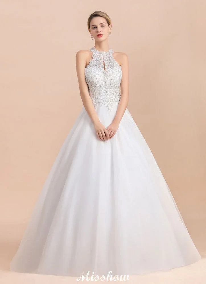 Wunderschönes Neckholder-Hochzeitskleid mit Strasssteinen, A-Linien-Brautkleid aus Tüll mit Spitzenapplikationen