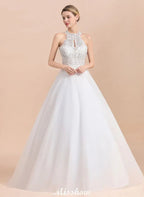Wunderschönes Neckholder-Hochzeitskleid mit Strasssteinen, A-Linien-Brautkleid aus Tüll mit Spitzenapplikationen