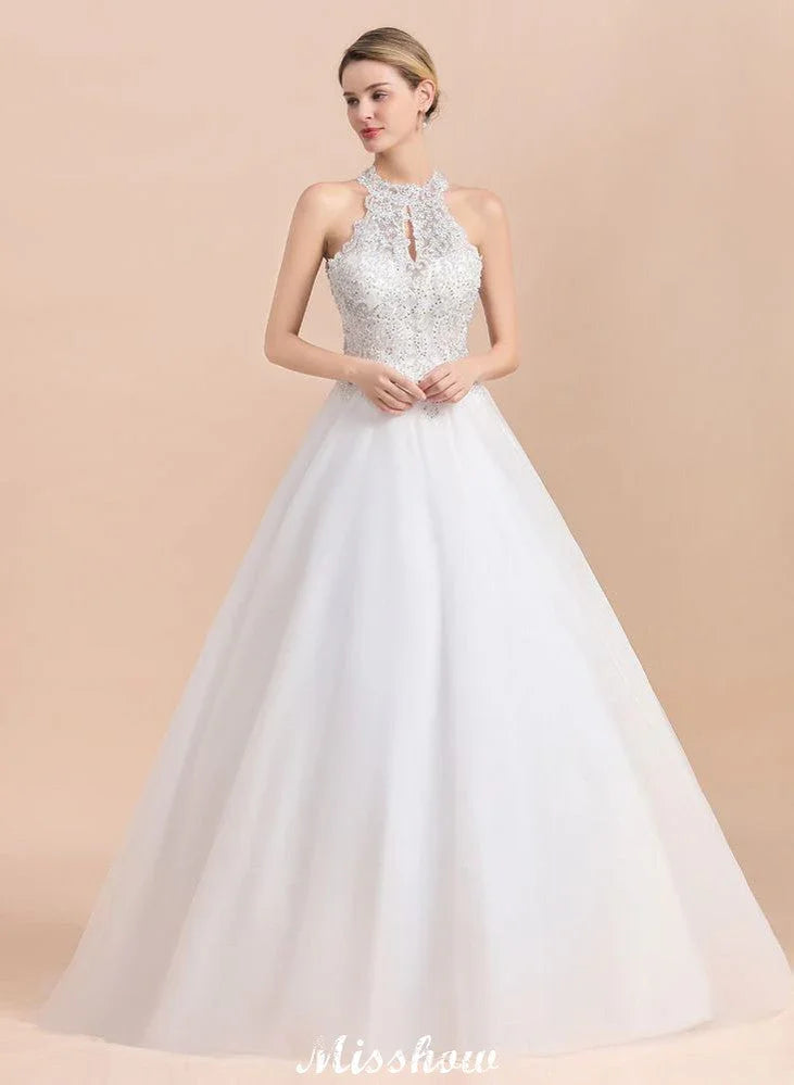 Wunderschönes Neckholder-Hochzeitskleid mit Strasssteinen, A-Linien-Brautkleid aus Tüll mit Spitzenapplikationen