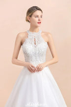 Wunderschönes Neckholder-Hochzeitskleid mit Strasssteinen, A-Linien-Brautkleid aus Tüll mit Spitzenapplikationen