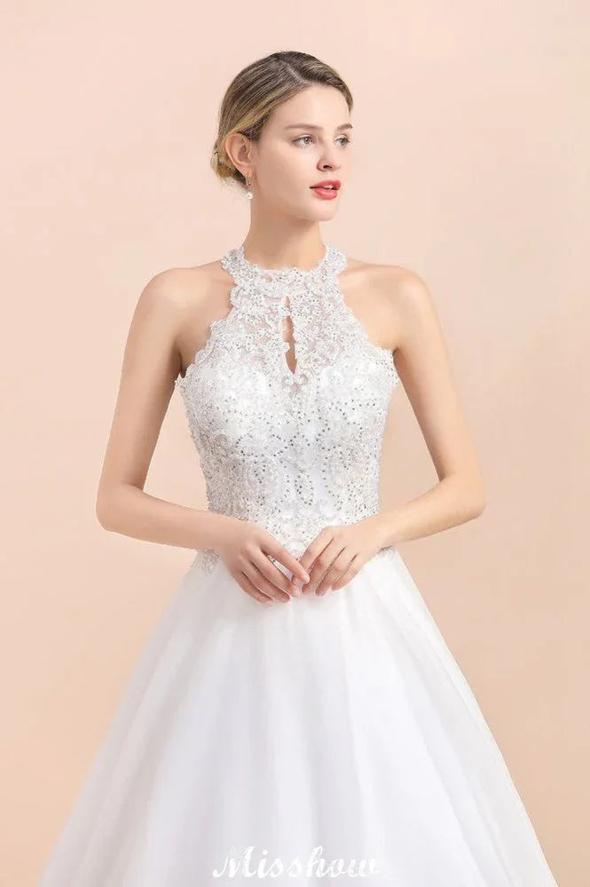 Wunderschönes Neckholder-Hochzeitskleid mit Strasssteinen, A-Linien-Brautkleid aus Tüll mit Spitzenapplikationen