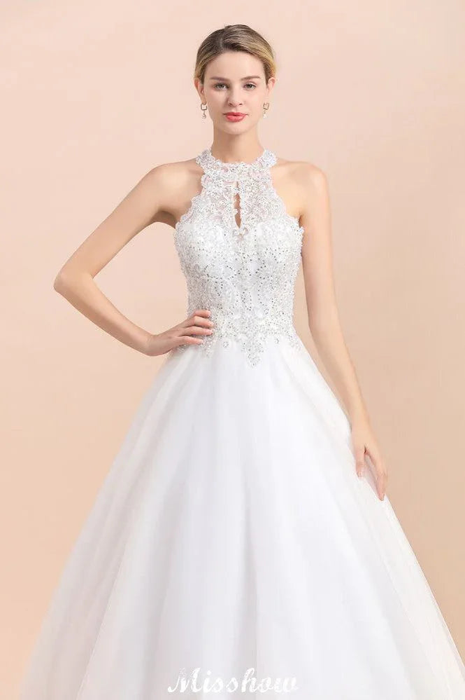 Wunderschönes Neckholder-Hochzeitskleid mit Strasssteinen, A-Linien-Brautkleid aus Tüll mit Spitzenapplikationen