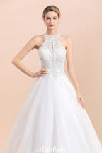 Wunderschönes Neckholder-Hochzeitskleid mit Strasssteinen, A-Linien-Brautkleid aus Tüll mit Spitzenapplikationen