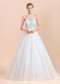 Wunderschönes Neckholder-Hochzeitskleid mit Strasssteinen, A-Linien-Brautkleid aus Tüll mit Spitzenapplikationen